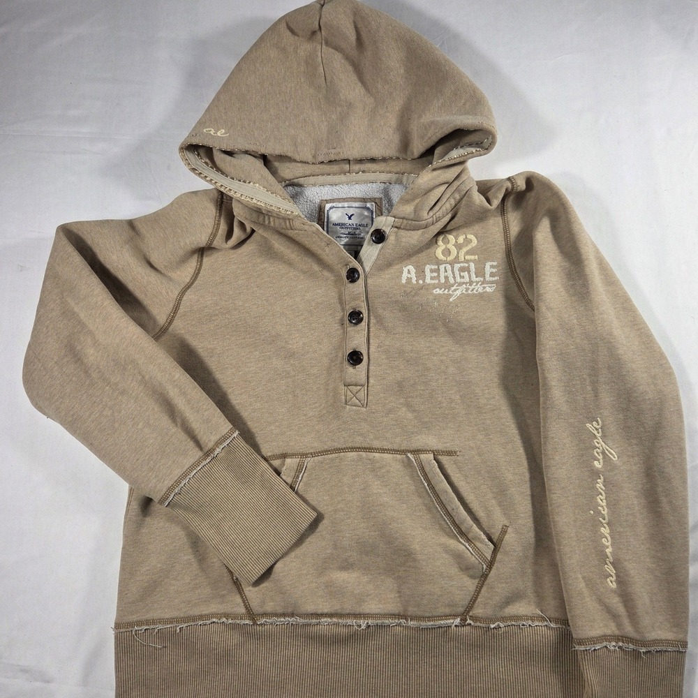 American Eagle Outfitters Tan Henley Hoodie XL Vintage Y2K Embroidered Logo